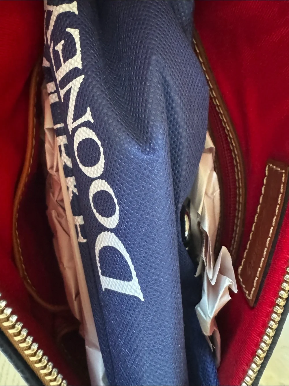Dooney & Bourke Navy Pebble Leather Crossbody with Brown Trim and Gold Hardware